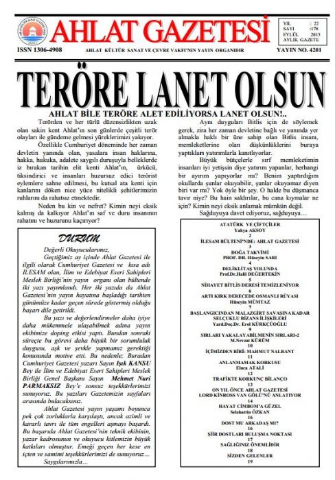 AHLAT GAZETESİ - SAYI 178 - EYLÜL 2015
