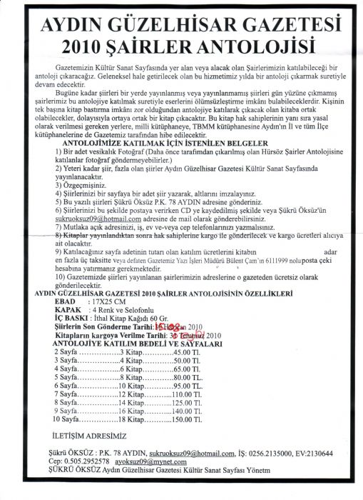 AYDIN GÜZELHİSAR GAZETESİ 2010 ŞAİRLER ANTOLOJİSİ
