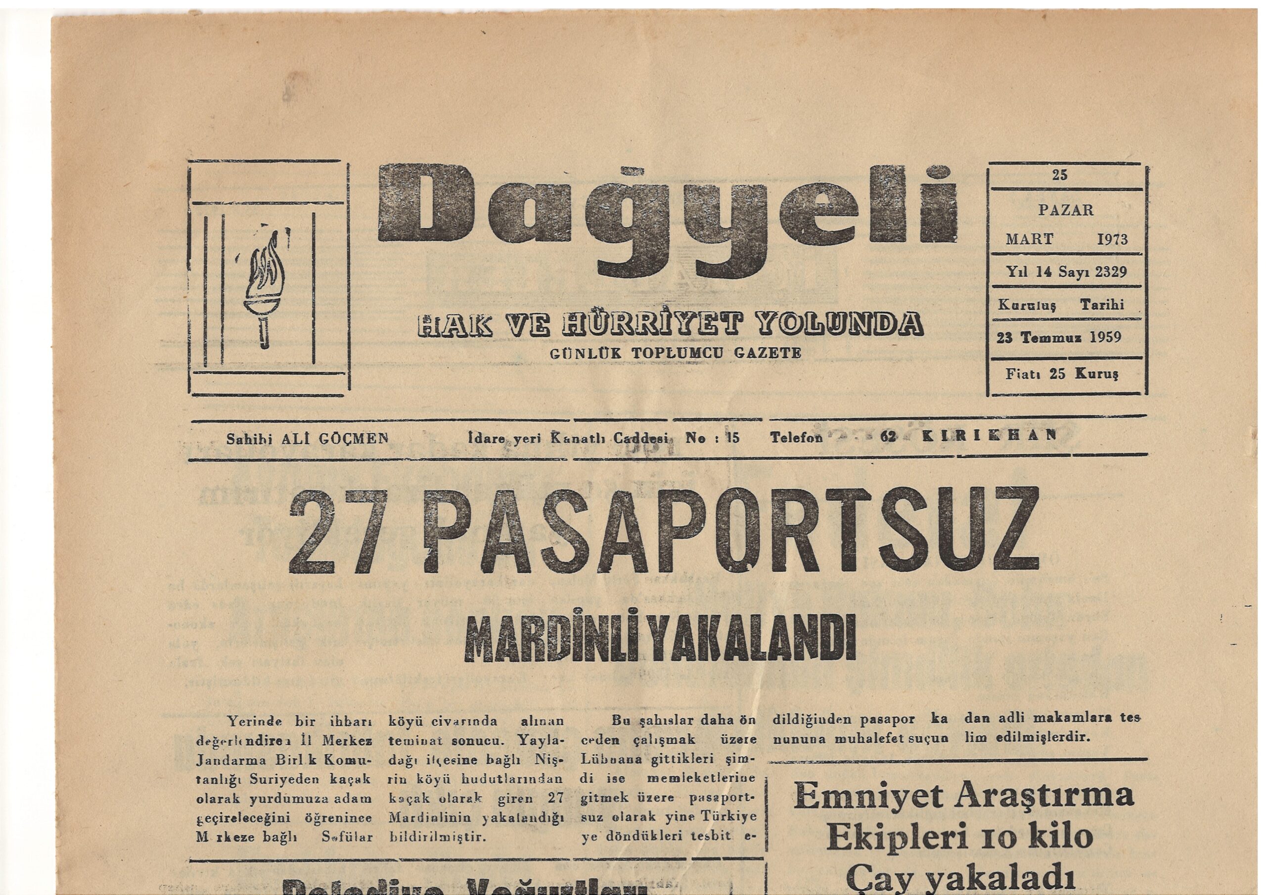 Hatay, Kırıkhan, Dağyeli Gazetesi, 25 Mart 1973